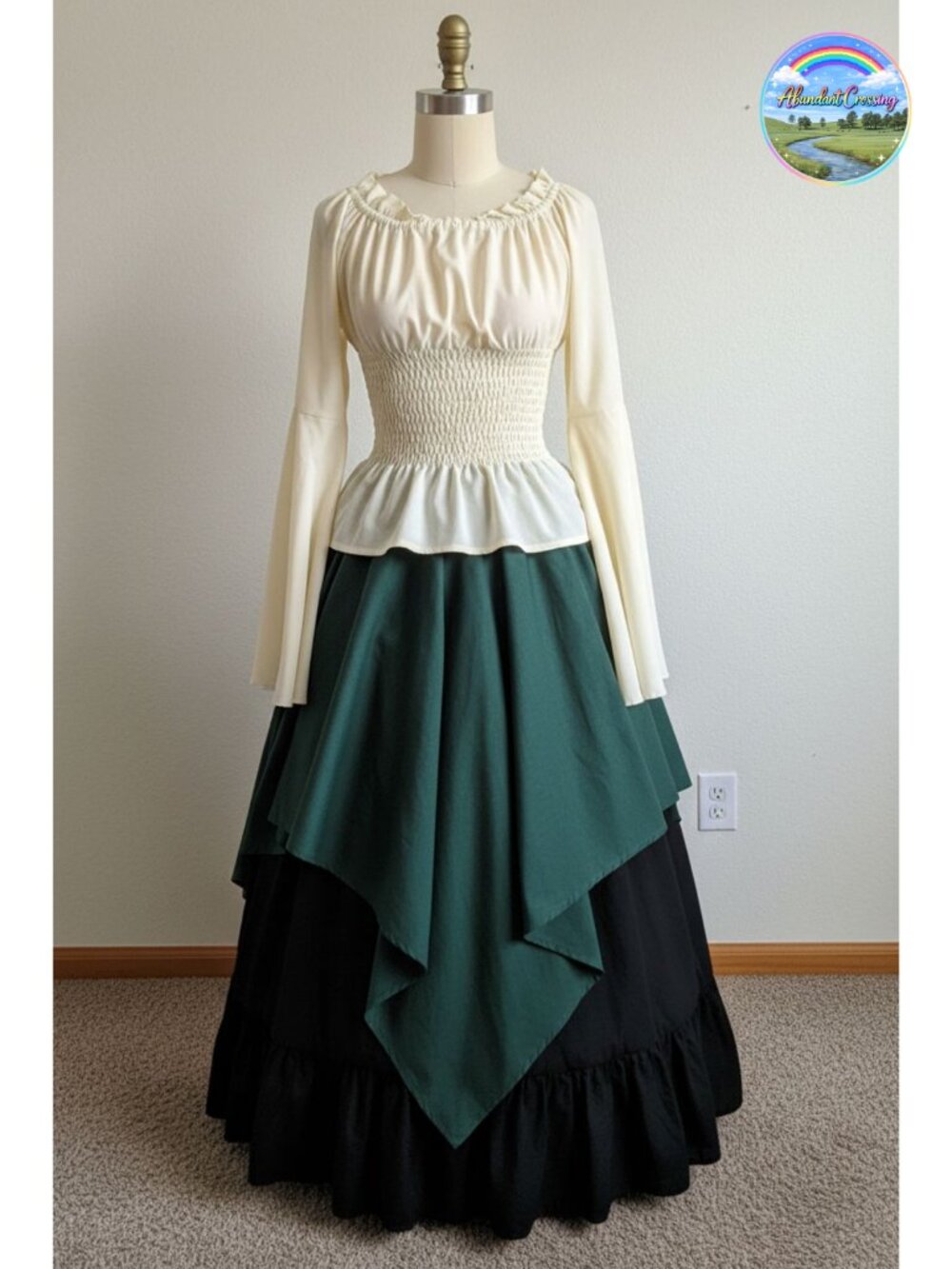 Renaissance Peasant Dress Set Smocked Off Shoulder Top Double Layer Skirt